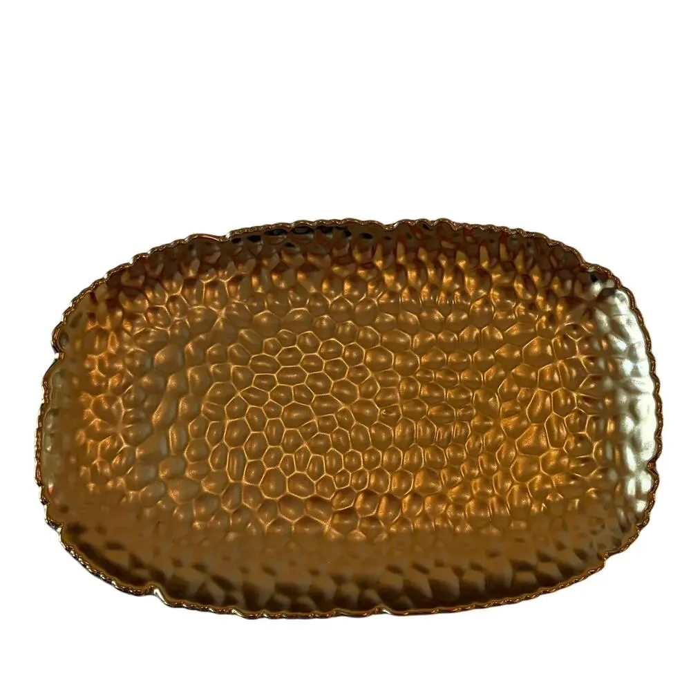 Hammered Matte Gold Serving Platter 11x7 Ceramic Scalloped Holiday Glam NEW